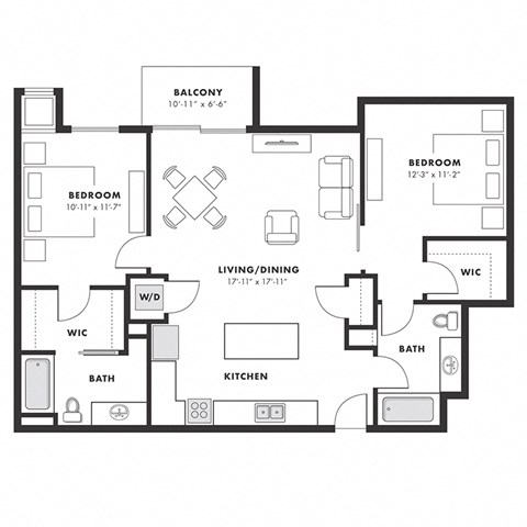 Floor plan for 2 beds, 2 baths, 1075 sqft