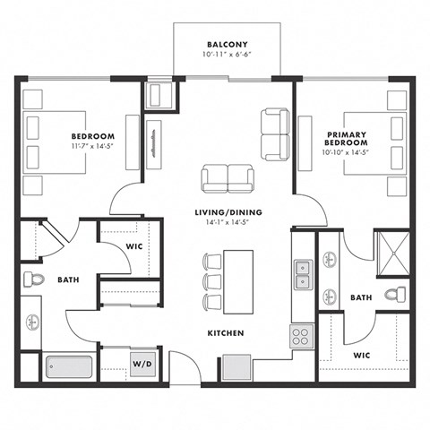 Floor plan for 2 beds, 2 baths, 1080 sqft