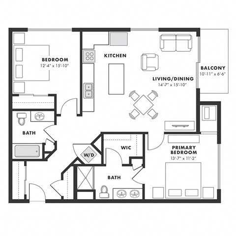 Floor plan for 2 beds, 2 baths, 1106 sqft