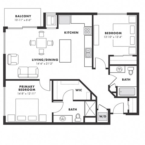 Floor plan for 2 beds, 2 baths, 1122 sqft