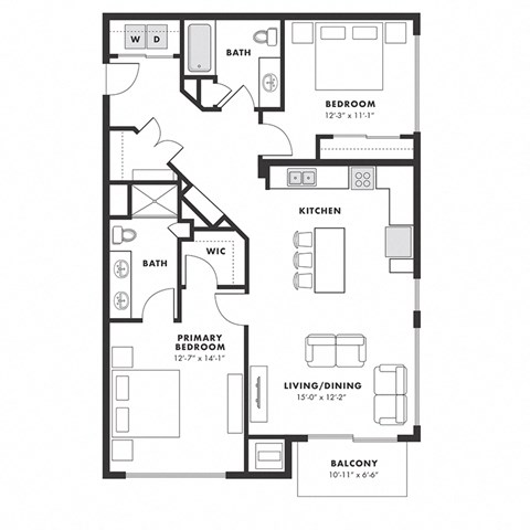 Floor plan for 2 beds, 2 baths, 1156 sqft