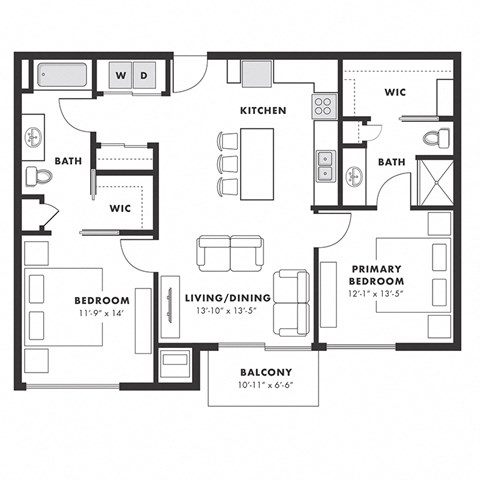 Floor plan for 2 beds, 2 baths, 1039 sqft