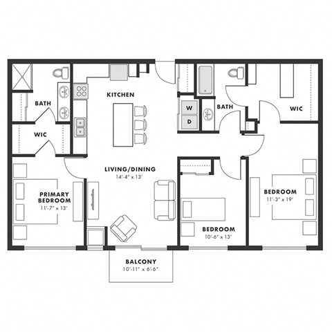 Floor plan for 3 beds, 2 baths, 1414 sqft
