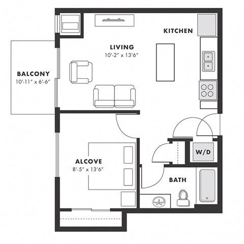 Floor plan for 1 bed, 1 bath, 606 sqft