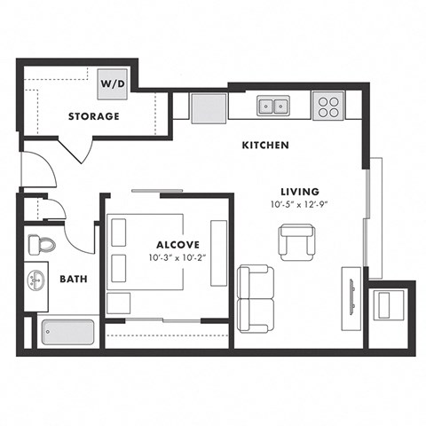 Floor plan for studio, 1 bath, 639 sqft