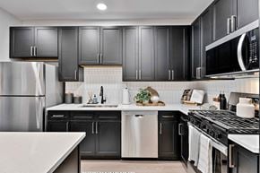 Roselle apartment for rent - A modern kitchen with black cabinets and stainless steel appliances.