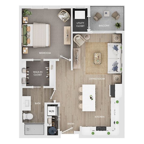 Floor plan for 1 bed, 1 bath, 689 sqft