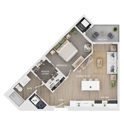 Floor plan for 1 bed, 1 bath, 690 sqft