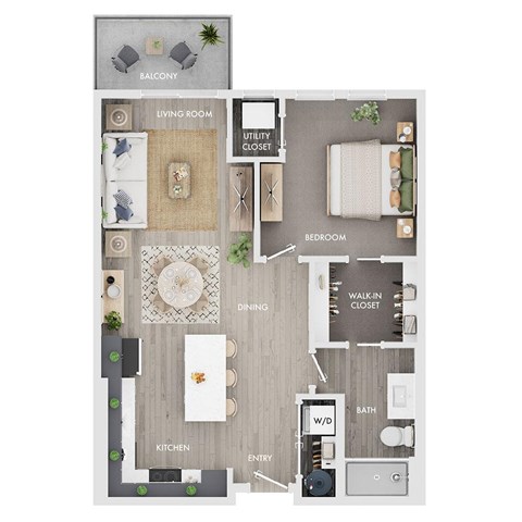 Floor plan for 1 bed, 1 bath, 739 sqft