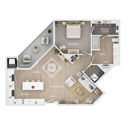 Floor plan for 1 bed, 1 bath, 999 sqft