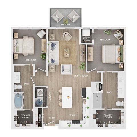 Floor plan for 2 beds, 2 baths, 1067 sqft