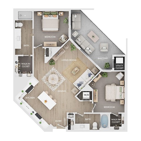 Floor plan for 2 beds, 2 baths, 1118 sqft
