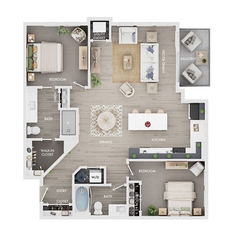 Floor plan for 2 beds, 2 baths, 1125 sqft