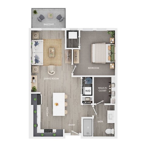Floor plan for 1 bed, 1 bath, 739 sqft