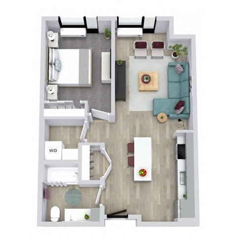 Floor plan for 1 bed, 1 bath, 629 sqft