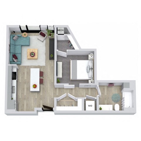 Floor plan for 1 bed, 1 bath, 630 sqft