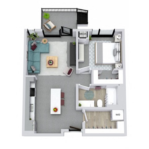 Floor plan for 1 bed, 1 bath, 653 sqft
