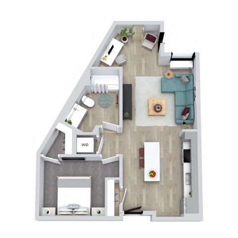 Floor plan for 1 bed, 1 bath, 670 sqft