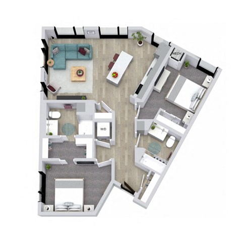 Floor plan for 2 beds, 2 baths, 954 sqft