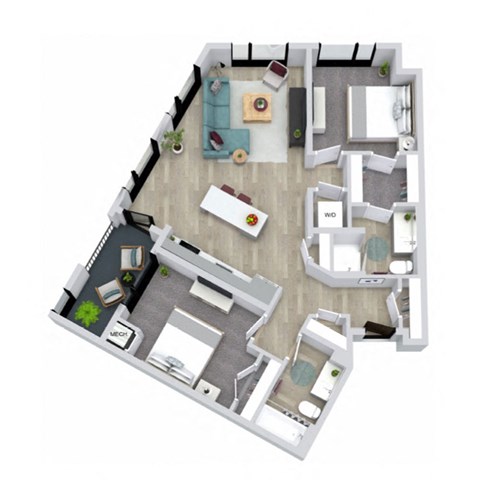 Floor plan for 2 beds, 2 baths, 957 sqft