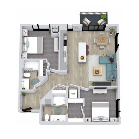 Floor plan for 2 beds, 2 baths, 969 sqft