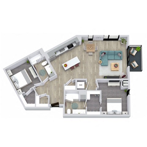 Floor plan for 2 beds, 2 baths, 1127 sqft