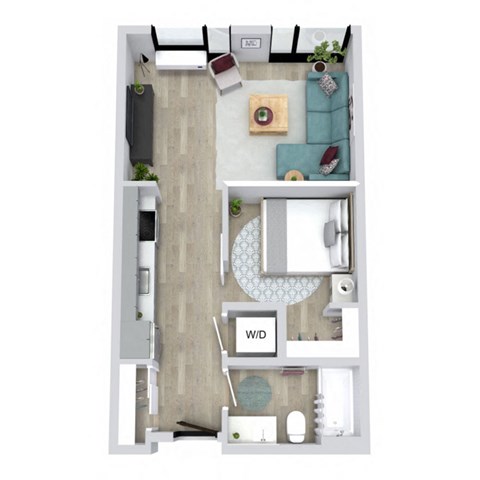 Floor plan for 1 bed, 1 bath, 492 sqft