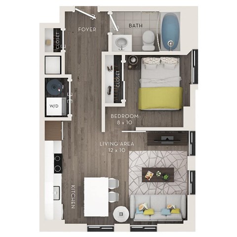 Floor plan for 1 bed, 1 bath, 505 sqft