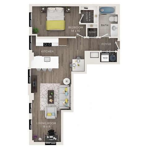 Floor plan for 1 bed, 1 bath, 633 sqft