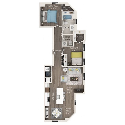 Floor plan for 2 beds, 1.5 baths, 954 sqft