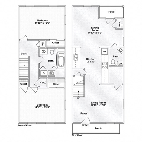Floor plan for 2 beds, 1.5 baths, 1078 sqft