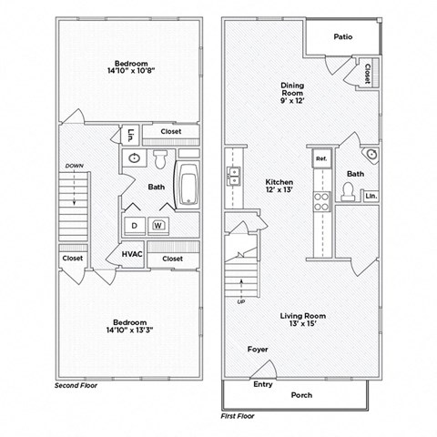 Floor plan for 2 beds, 1.5 baths, 1084 sqft