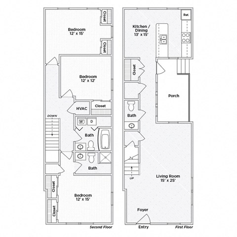 Floor plan for 3 beds, 2.5 baths, 1278 sqft