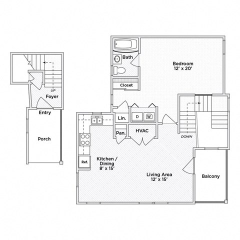 Floor plan for 1 bed, 1 bath, 709 sqft