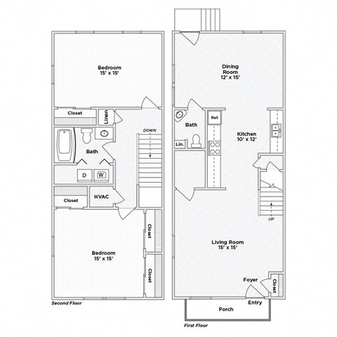 Floor plan for 2 beds, 1.5 baths, 1075 sqft