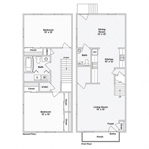 Floor plan for 2 beds, 1.5 baths, 1075 sqft