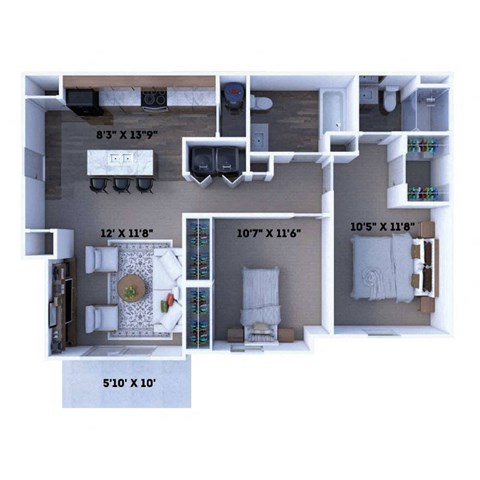 Floor plan for 2 beds, 2 baths, 957 sqft