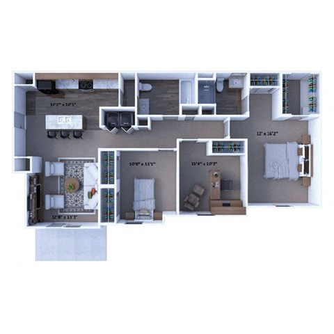 Floor plan for 3 beds, 2 baths, 1225 sqft