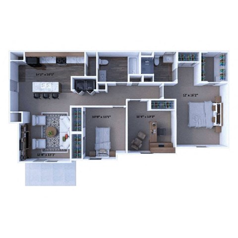 Floor plan for 3 beds, 2 baths, 1225 sqft