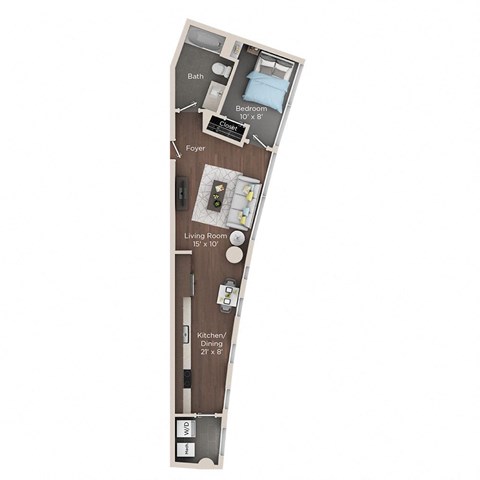 Floor plan for 1 bed, 1 bath, 615 sqft