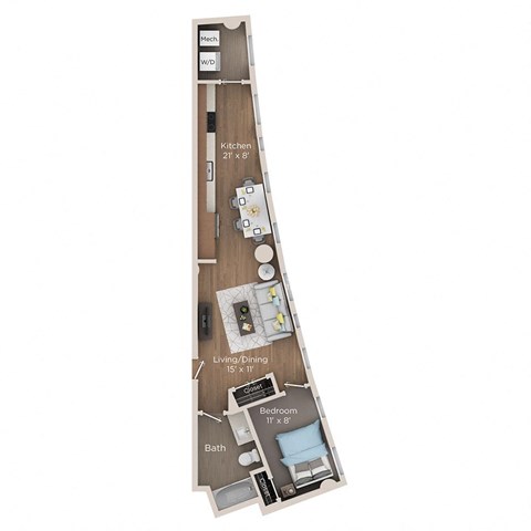Floor plan for 1 bed, 1 bath, 654 sqft