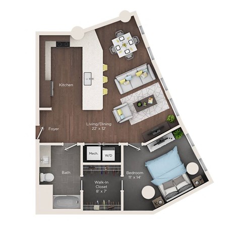 Floor plan for 1 bed, 1 bath, 843 sqft