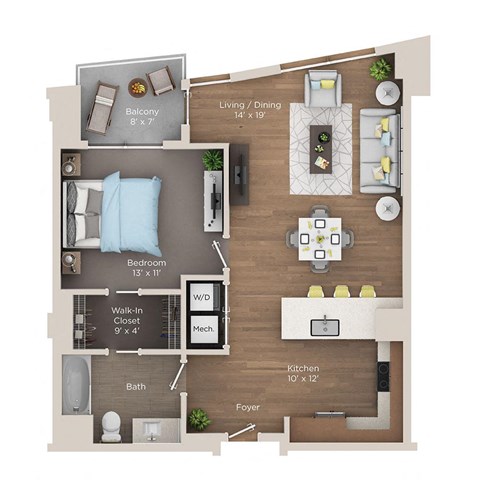 Floor plan for 1 bed, 1 bath, 844 sqft