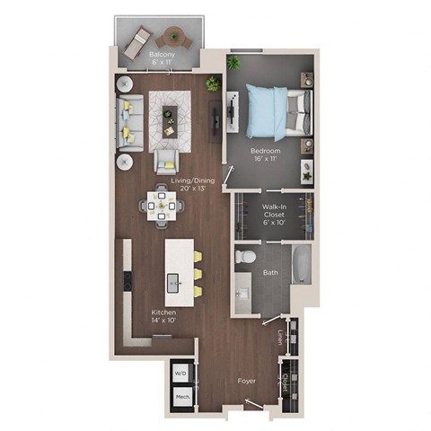 Floor plan for 1 bed, 1 bath, 995 sqft