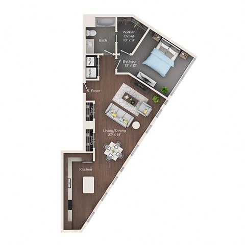 Floor plan for 1 bed, 1 bath, 1006 sqft