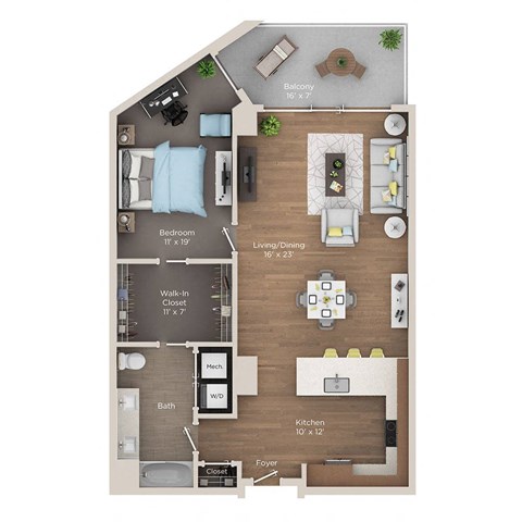 Floor plan for 1 bed, 1 bath, 1010 sqft