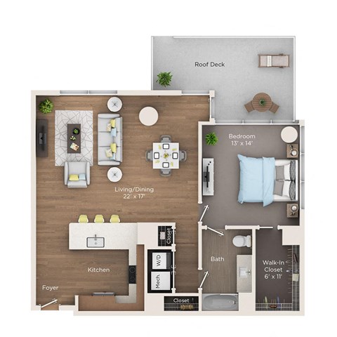 Floor plan for 1 bed, 1 bath, 1035 sqft