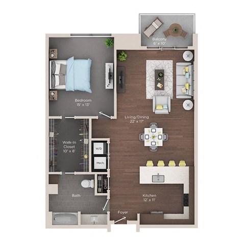 Floor plan for 1 bed, 1 bath, 1041 sqft