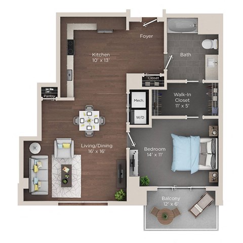Floor plan for 1 bed, 1 bath, 811 sqft