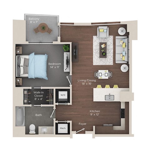 Floor plan for 1 bed, 1 bath, 819 sqft